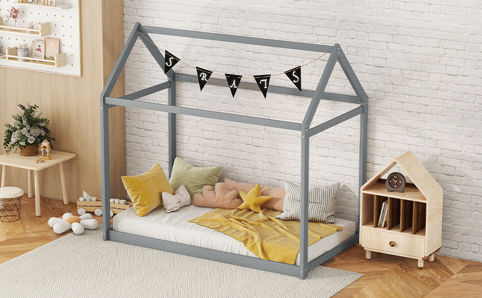 Cozy Twin Size Wooden House Bed In Stylish Gray Finish For Kids' Rooms