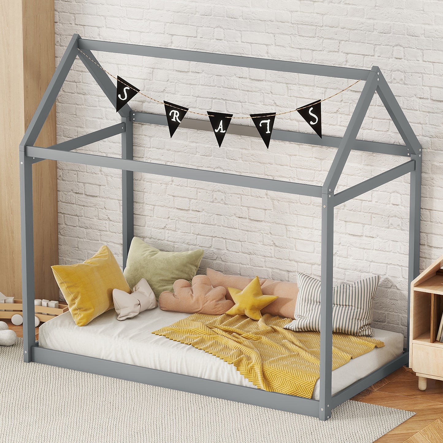 Cozy Twin Size Wooden House Bed In Stylish Gray Finish For Kids' Rooms