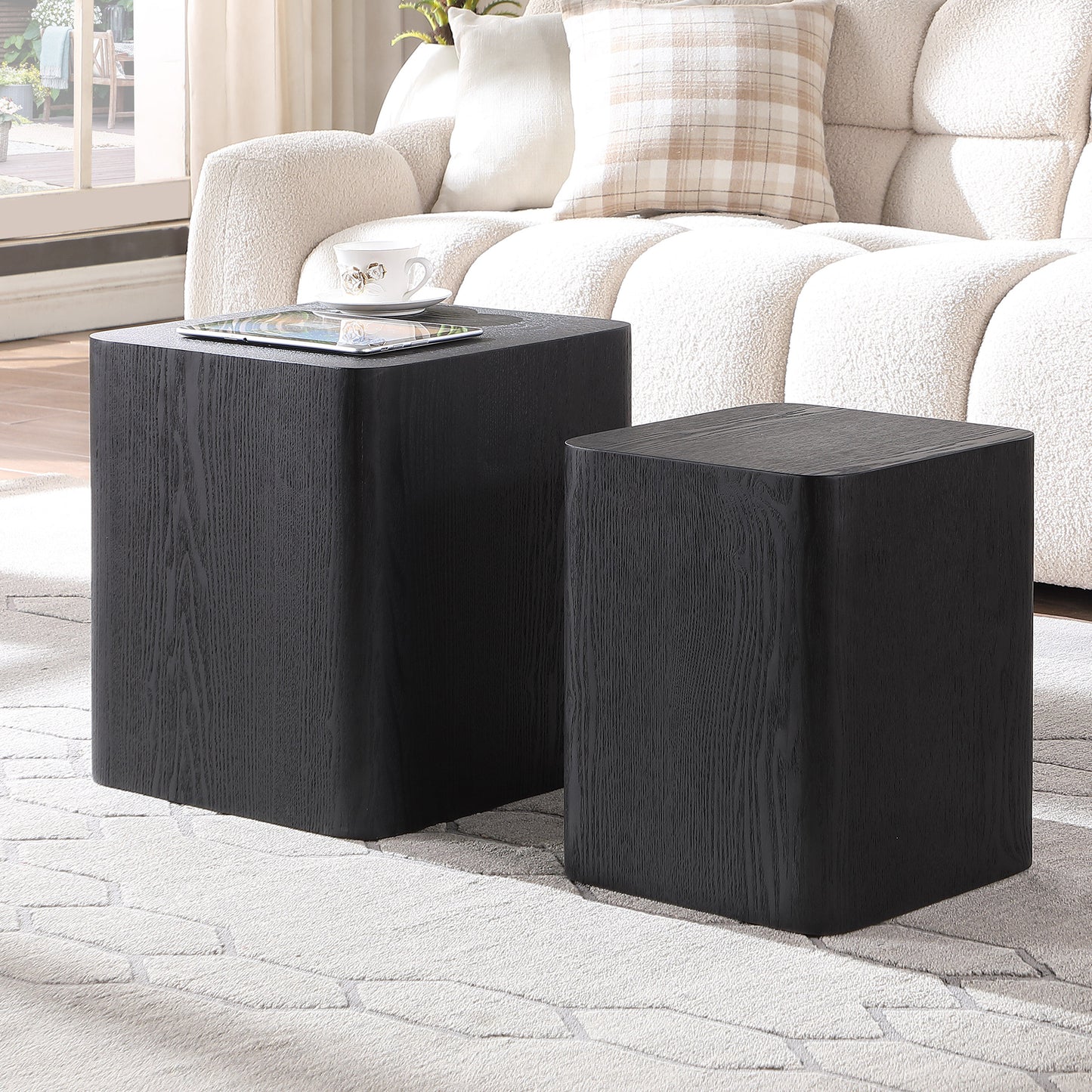 Upgrade MDF Nesting Side Tables Set of 2 - Elegant Black Oak Coffee Tables for Living Room, Office, Bedroom - Versatile End Tables