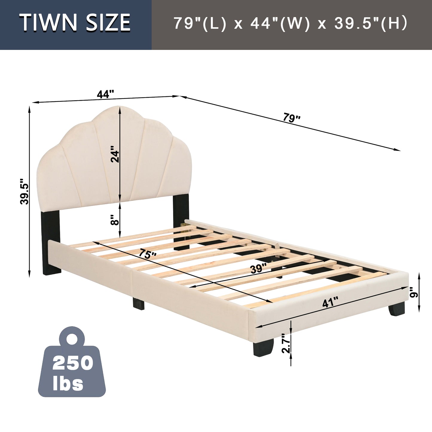 Twin Size Platform Bed For Kids, With Slatted Bed Base, No Box Spring Needed, Shell Design