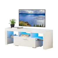 Stylish White TV Stand with LED Light Belt & Remote Control, Modern Entertainment Center, Toughened Glass Shelves, Metal Handles