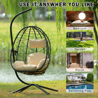 Comfortable Egg Chair with Stand, Indoor/Outdoor Swing Chair for Patio, Wicker Hanging Basket Hammock Chair for Bedroom, Living Room