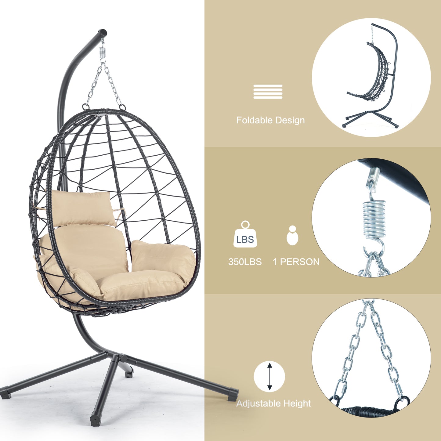 Comfortable Egg Chair with Stand, Indoor/Outdoor Swing Chair for Patio, Wicker Hanging Basket Hammock Chair for Bedroom, Living Room