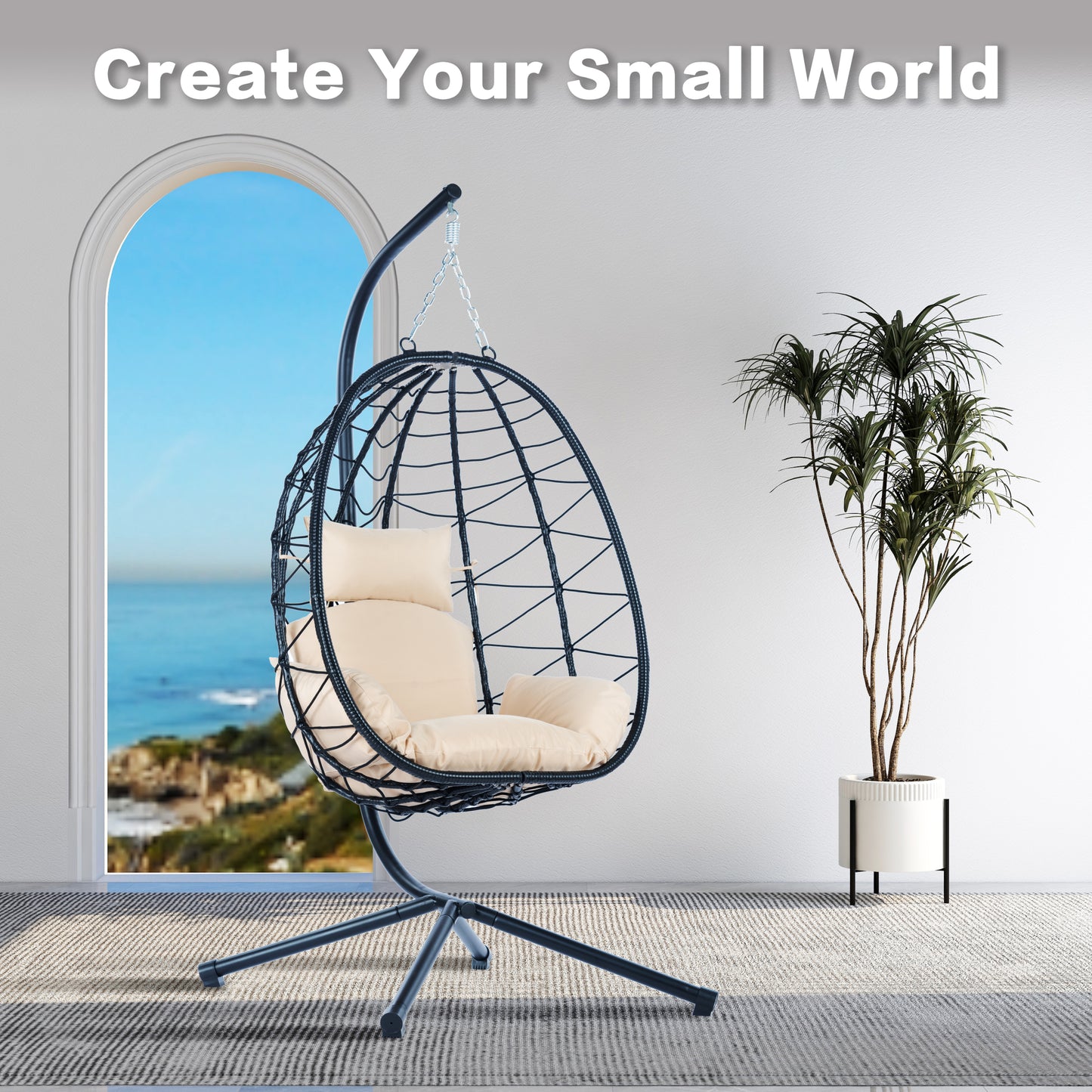 Comfortable Egg Chair with Stand, Indoor/Outdoor Swing Chair for Patio, Wicker Hanging Basket Hammock Chair for Bedroom, Living Room