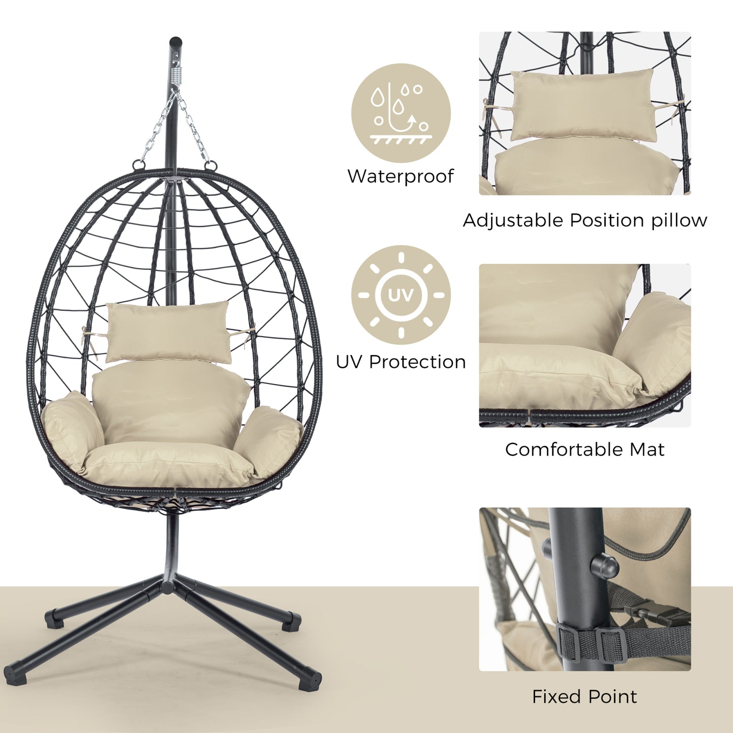 Comfortable Egg Chair with Stand, Indoor/Outdoor Swing Chair for Patio, Wicker Hanging Basket Hammock Chair for Bedroom, Living Room