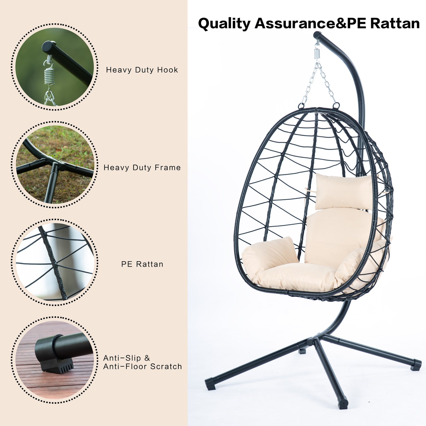 Comfortable Egg Chair with Stand, Indoor/Outdoor Swing Chair for Patio, Wicker Hanging Basket Hammock Chair for Bedroom, Living Room