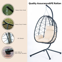 Comfortable Egg Chair with Stand, Indoor/Outdoor Swing Chair for Patio, Wicker Hanging Basket Hammock Chair for Bedroom, Living Room