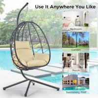 Comfortable Egg Chair with Stand, Indoor/Outdoor Swing Chair for Patio, Wicker Hanging Basket Hammock Chair for Bedroom, Living Room