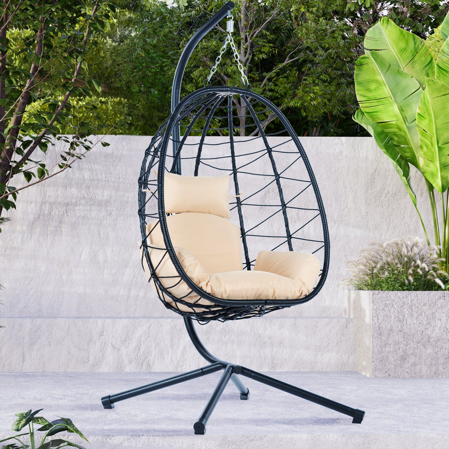 Comfortable Egg Chair with Stand, Indoor/Outdoor Swing Chair for Patio, Wicker Hanging Basket Hammock Chair for Bedroom, Living Room