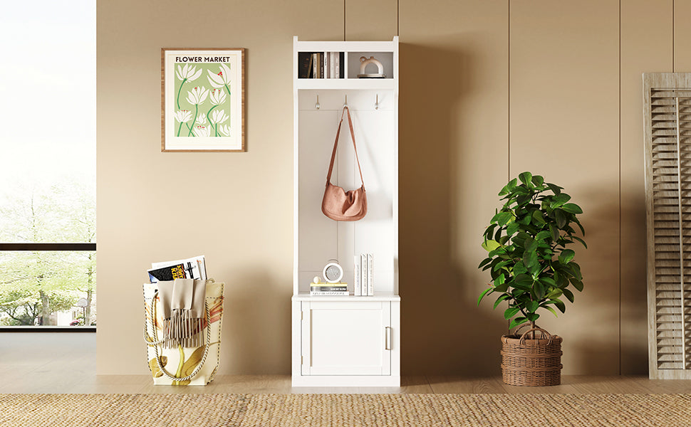 Sleek Minimalist Hall Tree with Storage Cabinet and 6 Hooks for Entryway and Living Room