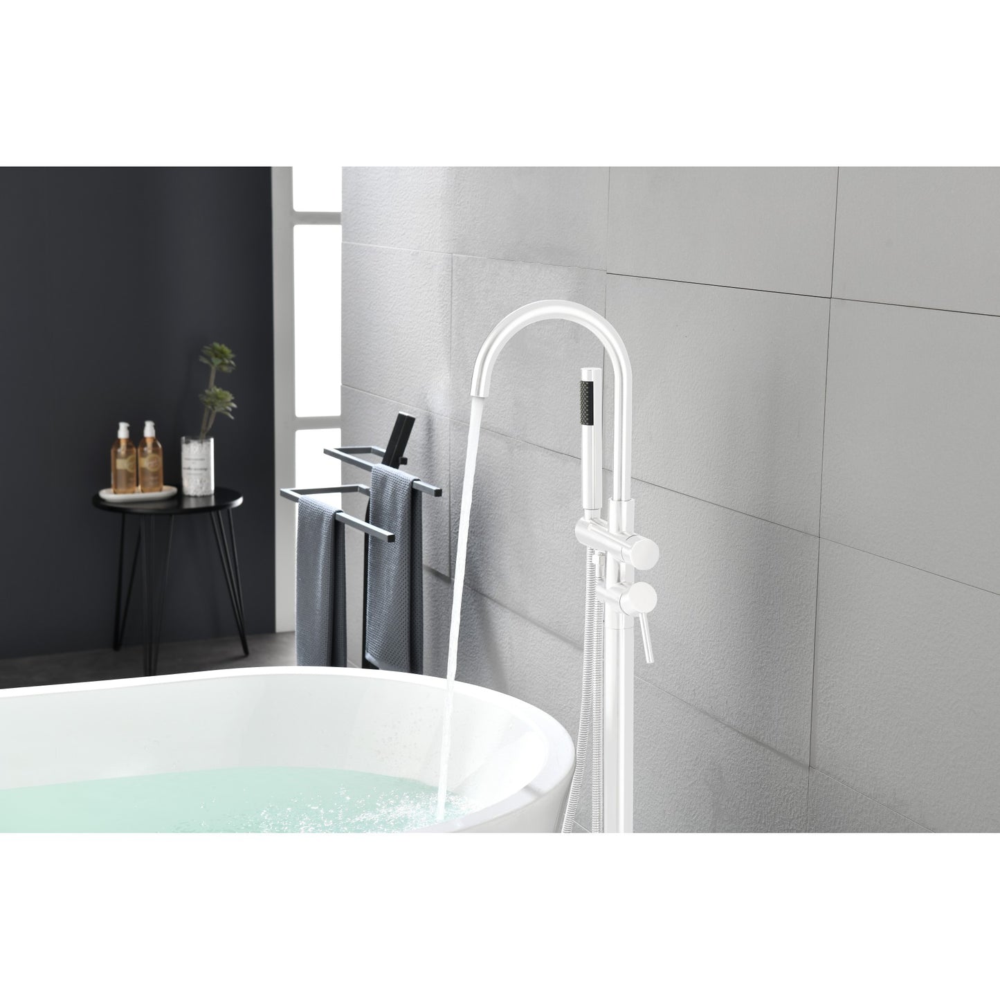 Freestanding Tub Filler Faucet - Floor Mount High Flow Shower Mixer, Swivel Gooseneck Spout & Handheld Showerhead