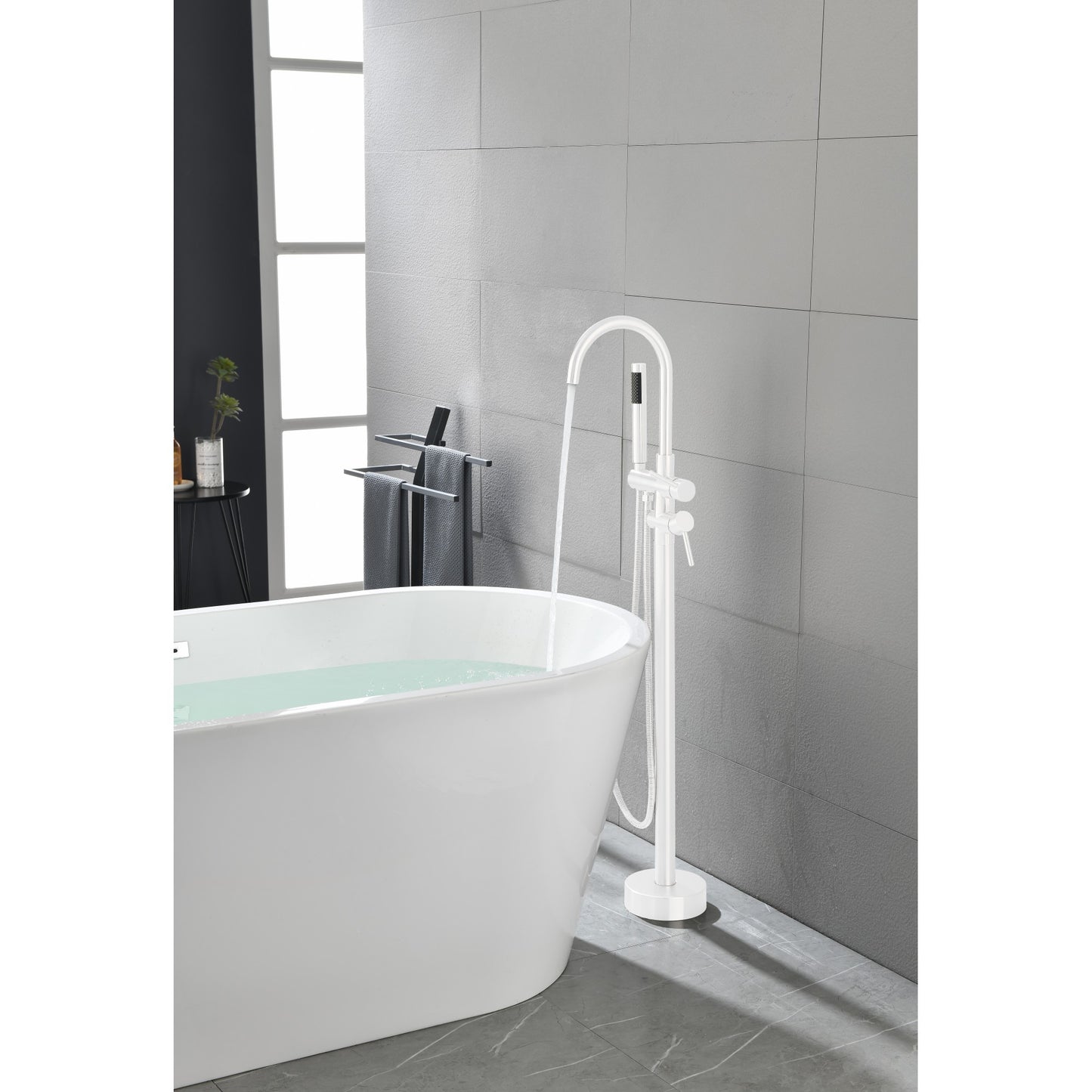 Freestanding Tub Filler Faucet - Floor Mount High Flow Shower Mixer, Swivel Gooseneck Spout & Handheld Showerhead