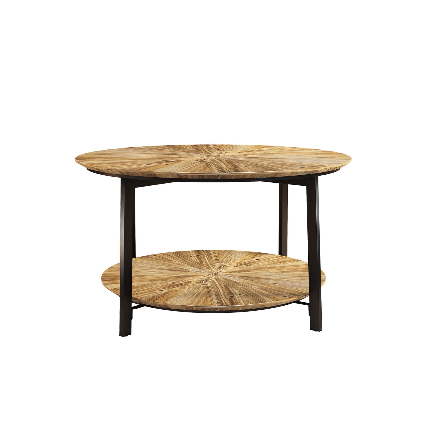 Round Coffee Table 31.5 Inch Wooden Double Layer Design with Open Storage Space and Metal Legs for Living Room Bedroom