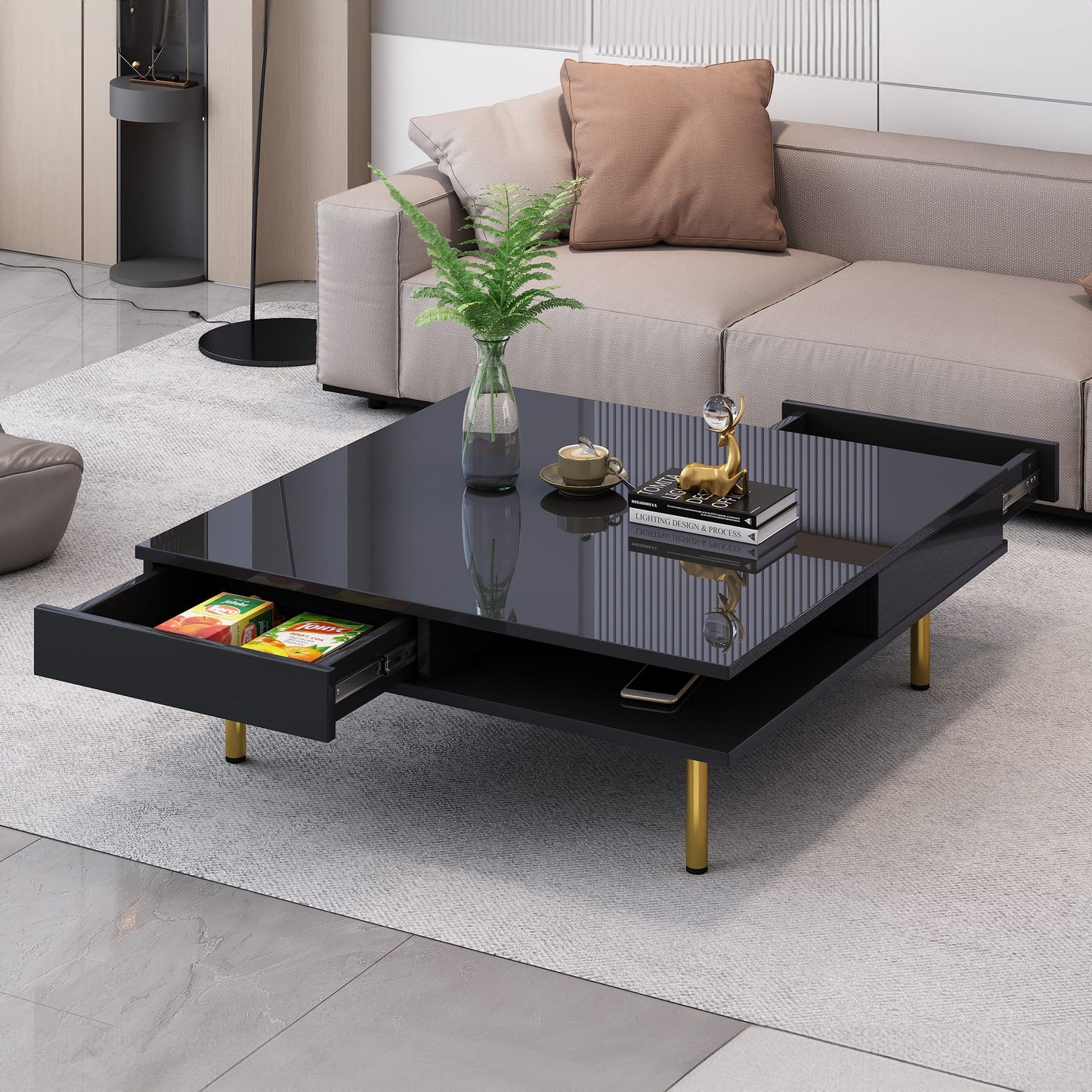 High Gloss Coffee Table with 4 Golden Legs, 2 Drawers, 2-Tier Storage