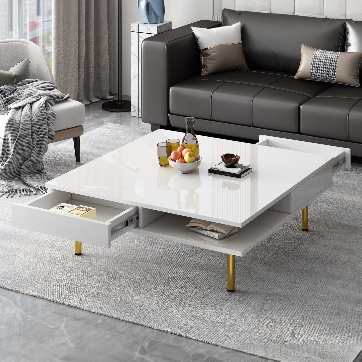 High Gloss Coffee Table with 4 Golden Legs, 2 Drawers, 2-Tier Storage