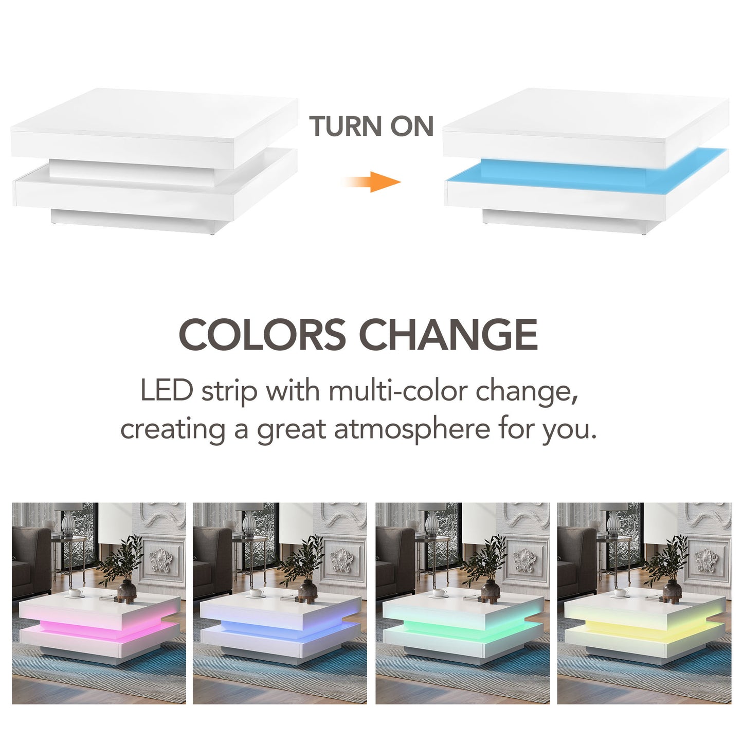 High Gloss Minimalist 2-Tier Square Coffee Table with LED Lights for Living Room, 31.5''x31.5''x14.2'', White