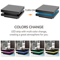 High Gloss Minimalist LED 2-Tier Square Coffee Table, Modern Center Table for Living Room, 31.5x31.5x14.2, Black Finish