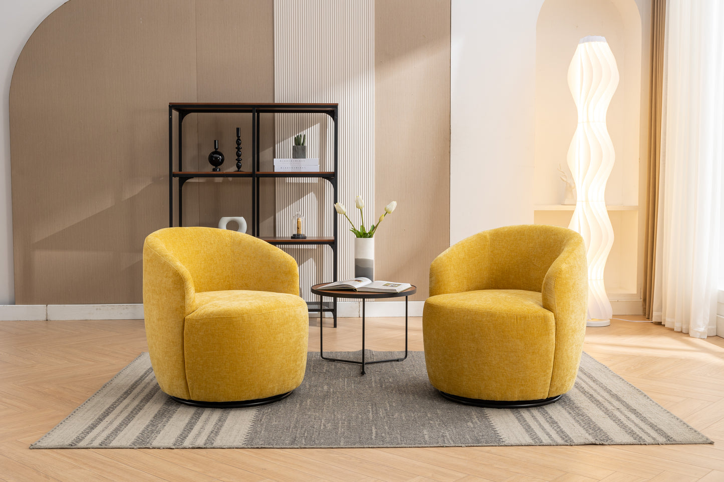 Chenille Fabric Swivel Accent Armchair Barrel Chair With Black Powder Coating Metal Ring,Yellow