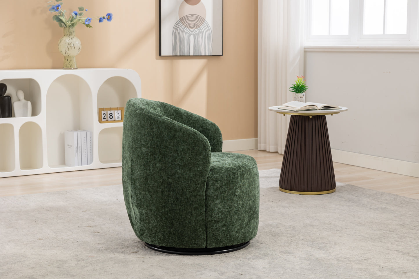 Chenille Fabric Swivel Accent Armchair Barrel Chair With Black Powder Coating Metal Ring,Green
