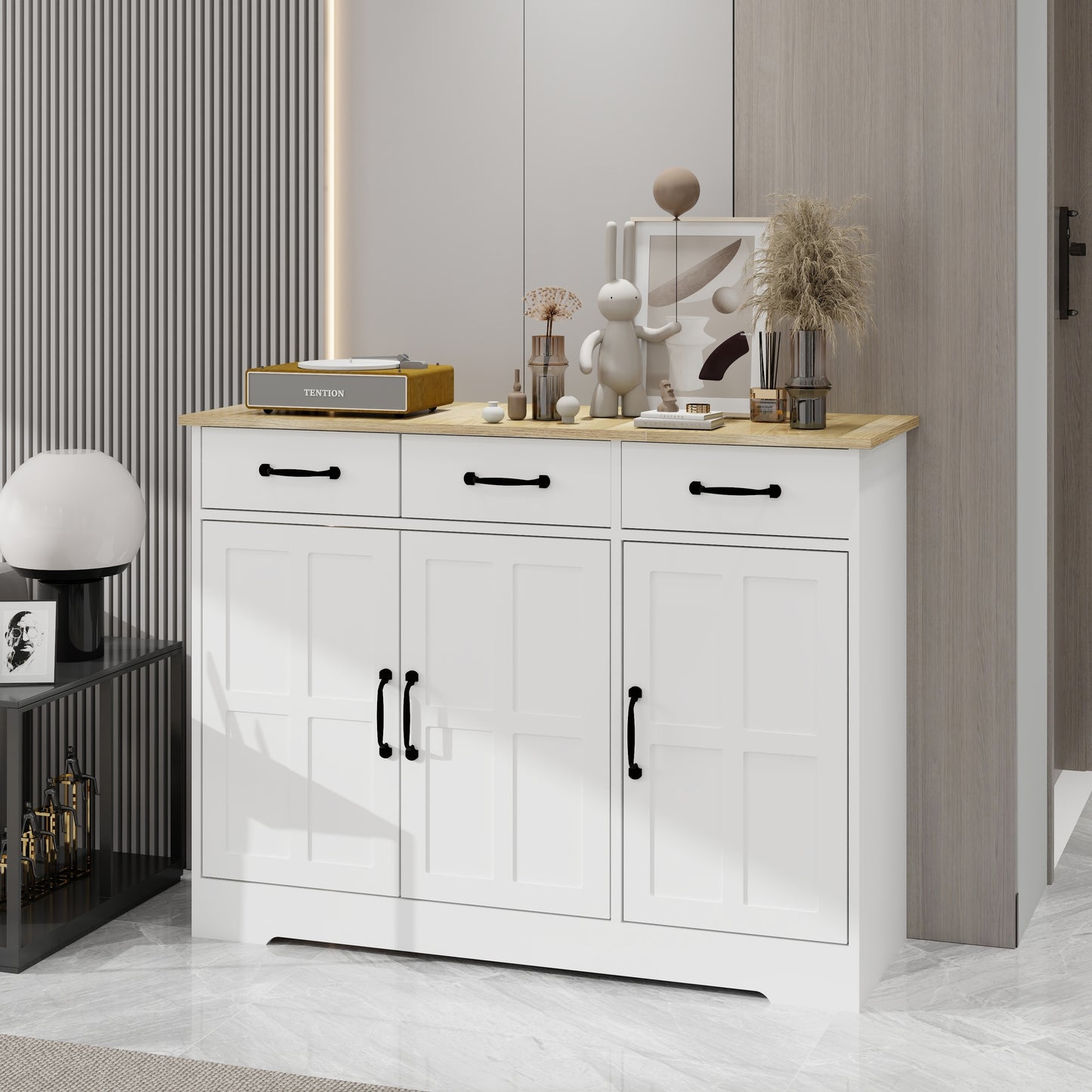 Farmhouse Buffet Cabinet Storage Sideboard with 3 Drawers and 3 Doors for Dining Room Kitchen Cupboard White