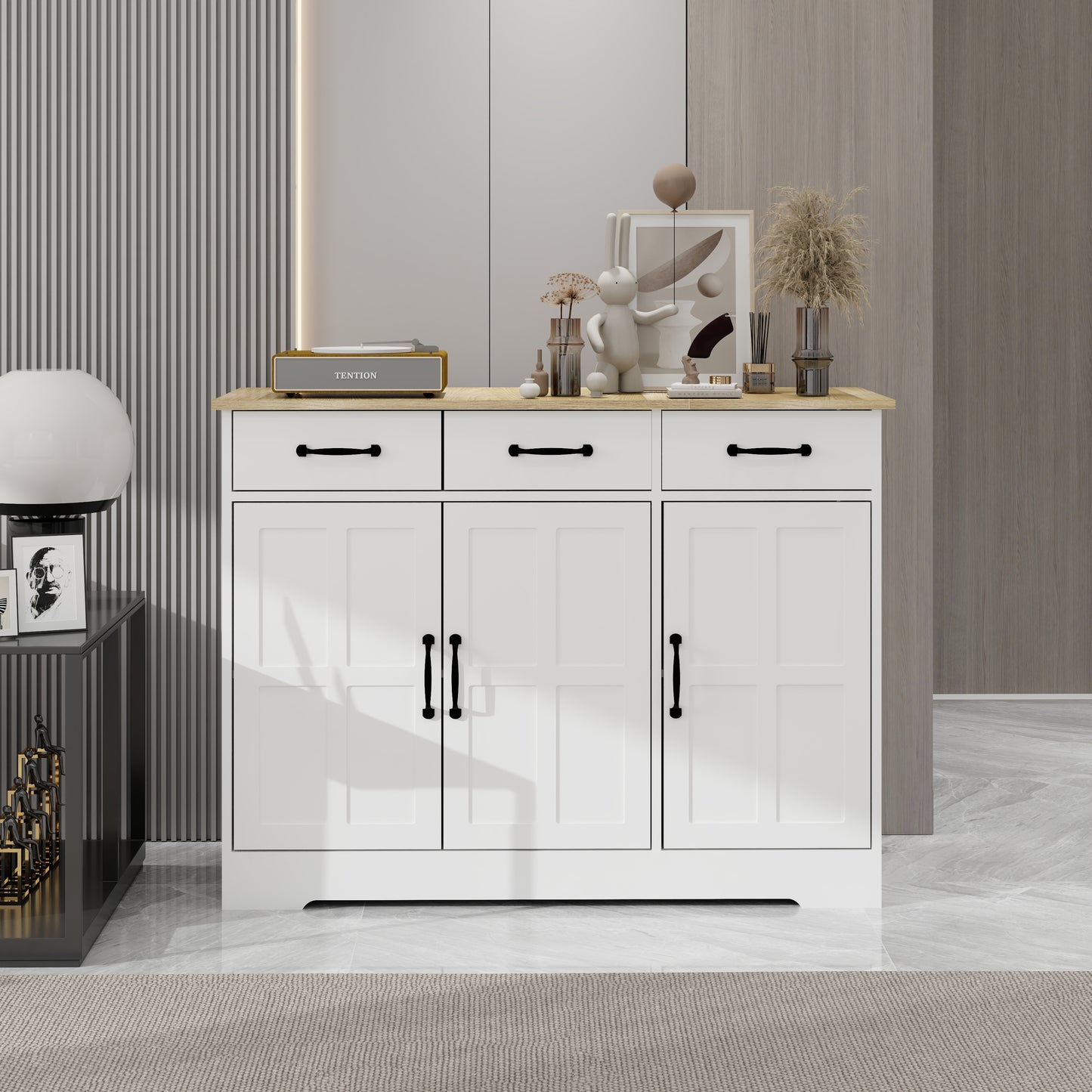 Farmhouse Buffet Cabinet Storage Sideboard with 3 Drawers and 3 Doors for Dining Room Kitchen Cupboard White