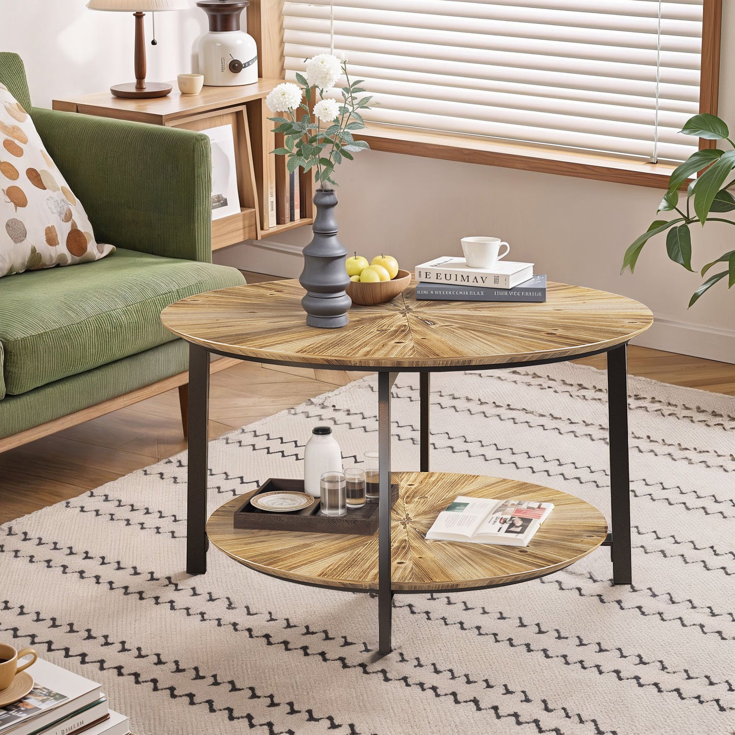 Round Coffee Table 31.5 Inch Wooden Double Layer Design with Open Storage Space and Metal Legs for Living Room Bedroom