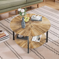 Round Coffee Table 31.5 Inch Wooden Double Layer Design with Open Storage Space and Metal Legs for Living Room Bedroom