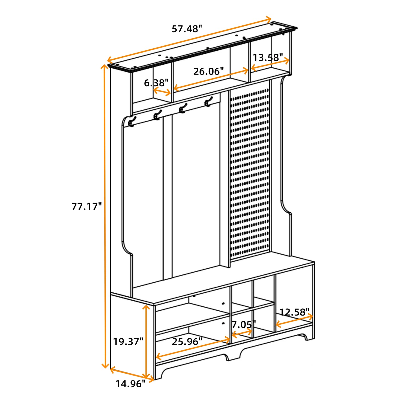 Hall Tree with Shoe Bench, Coat Rack ,Shoe Storage ,Storage Shelves and Pegboard, for Hallways, Halls and Bedrooms, White