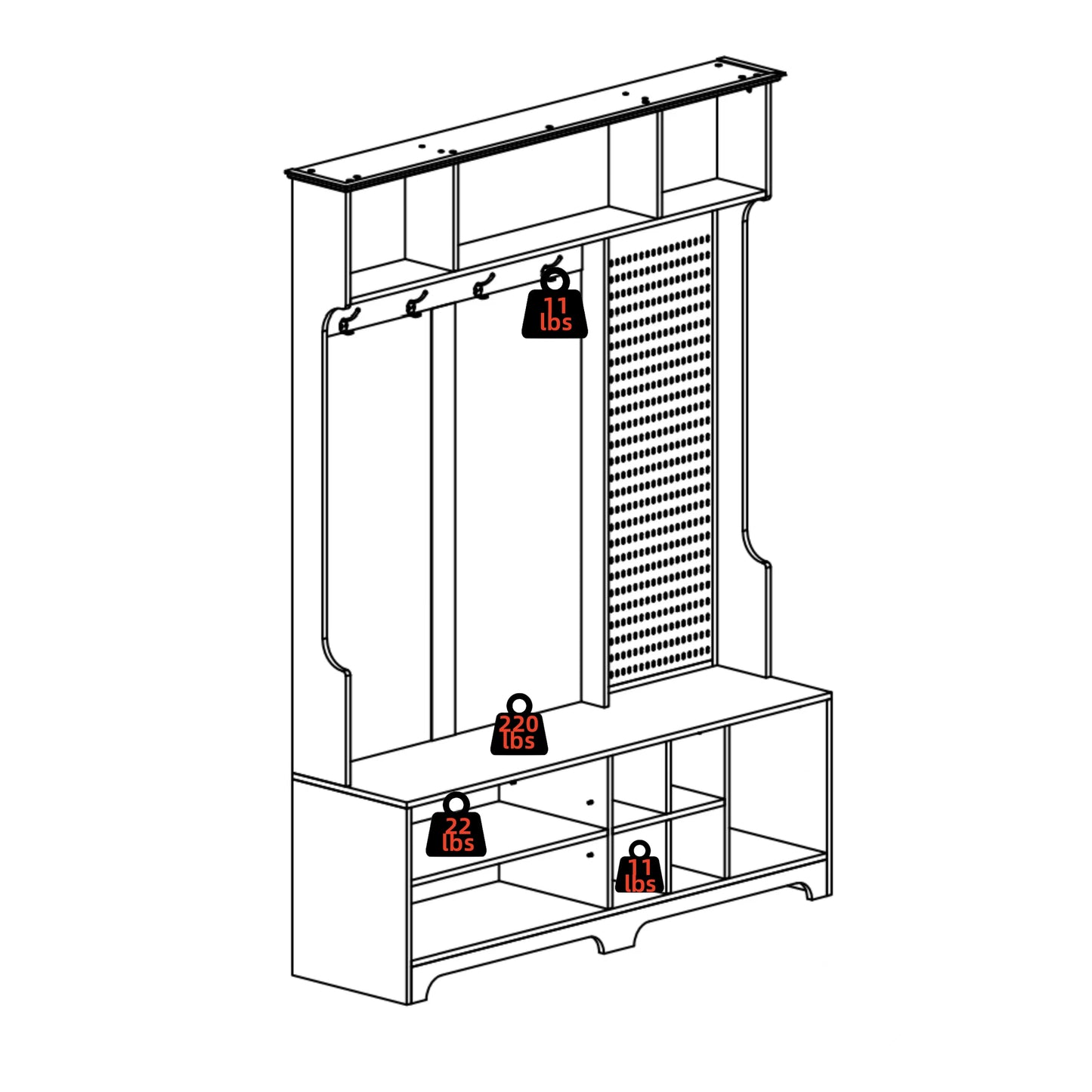 Hall Tree with Shoe Bench, Coat Rack ,Shoe Storage ,Storage Shelves and Pegboard, for Hallways, Halls and Bedrooms, Black