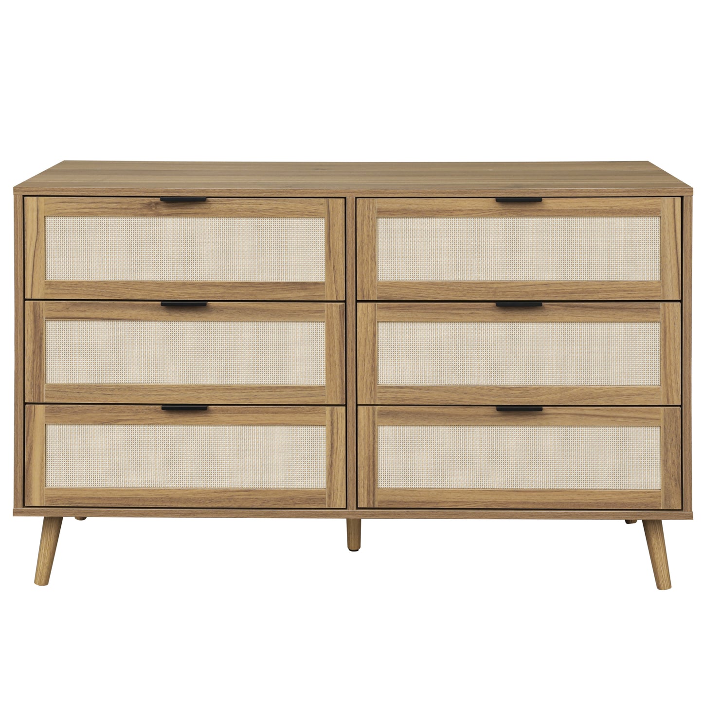 Modern 6 Drawer Wood Dresser Cabinet in Walnut Finish for Bedroom Storage