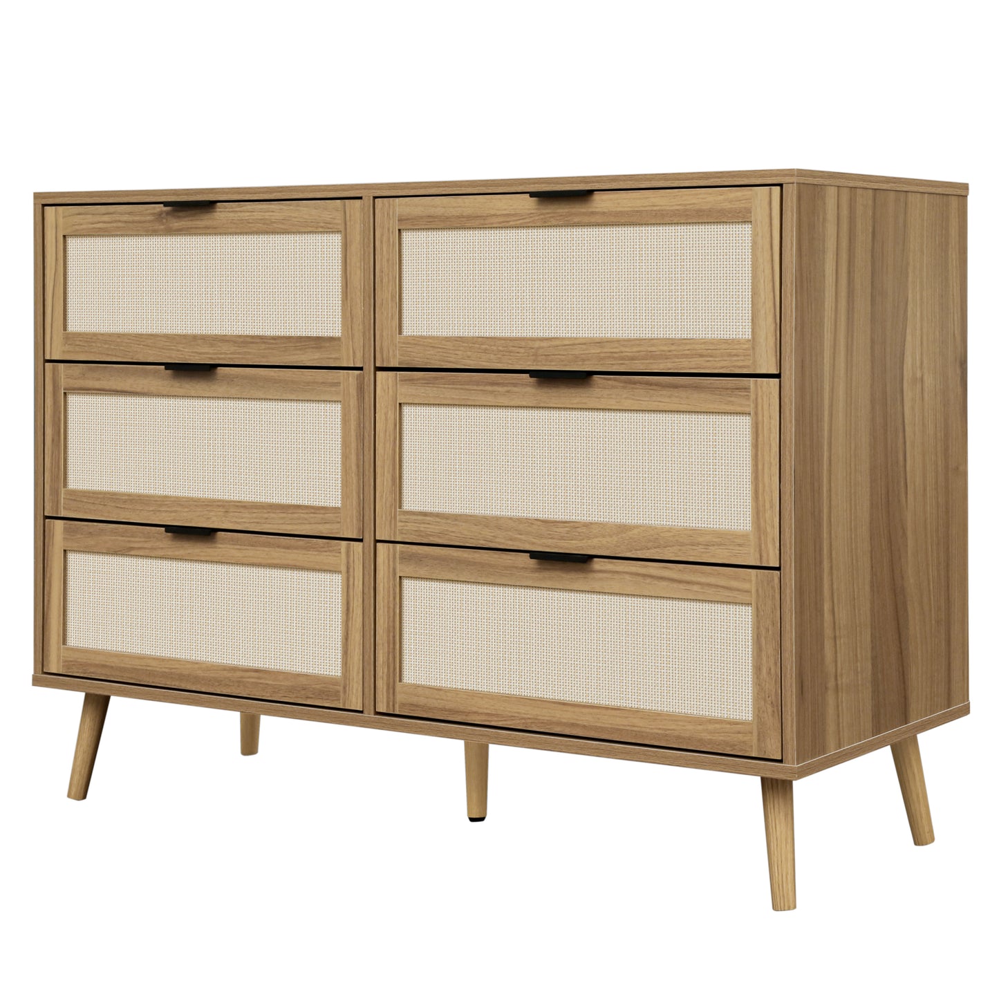 Modern 6 Drawer Wood Dresser Cabinet in Walnut Finish for Bedroom Storage