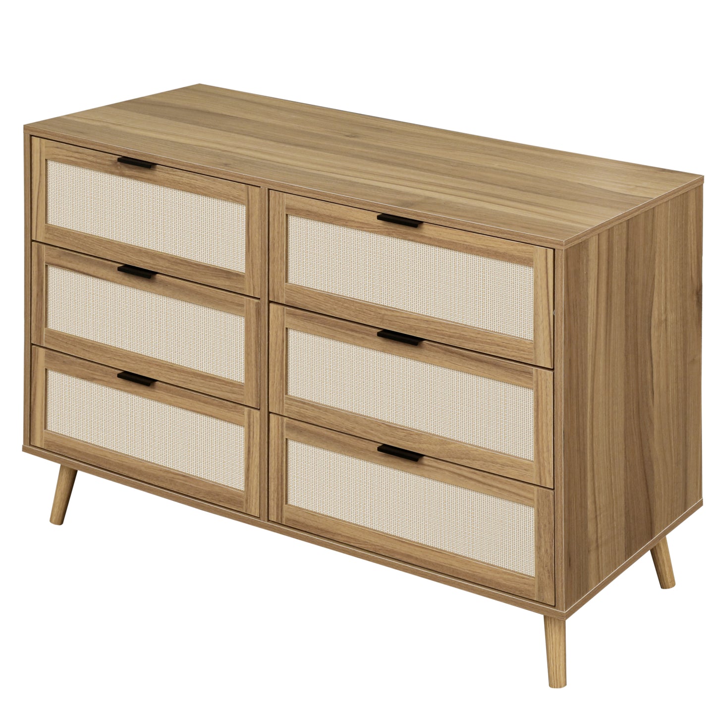 Modern 6 Drawer Wood Dresser Cabinet in Walnut Finish for Bedroom Storage