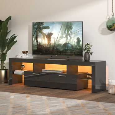 Fashionable Black TV Stand with LED Light Belt, Remote Control, Toughened Glass Shelf, Metal Handles - Ideal Entertainment Center