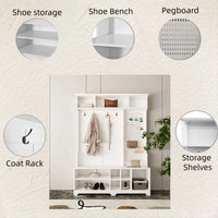 Hall Tree with Shoe Bench, Coat Rack ,Shoe Storage ,Storage Shelves and Pegboard, for Hallways, Halls and Bedrooms, White