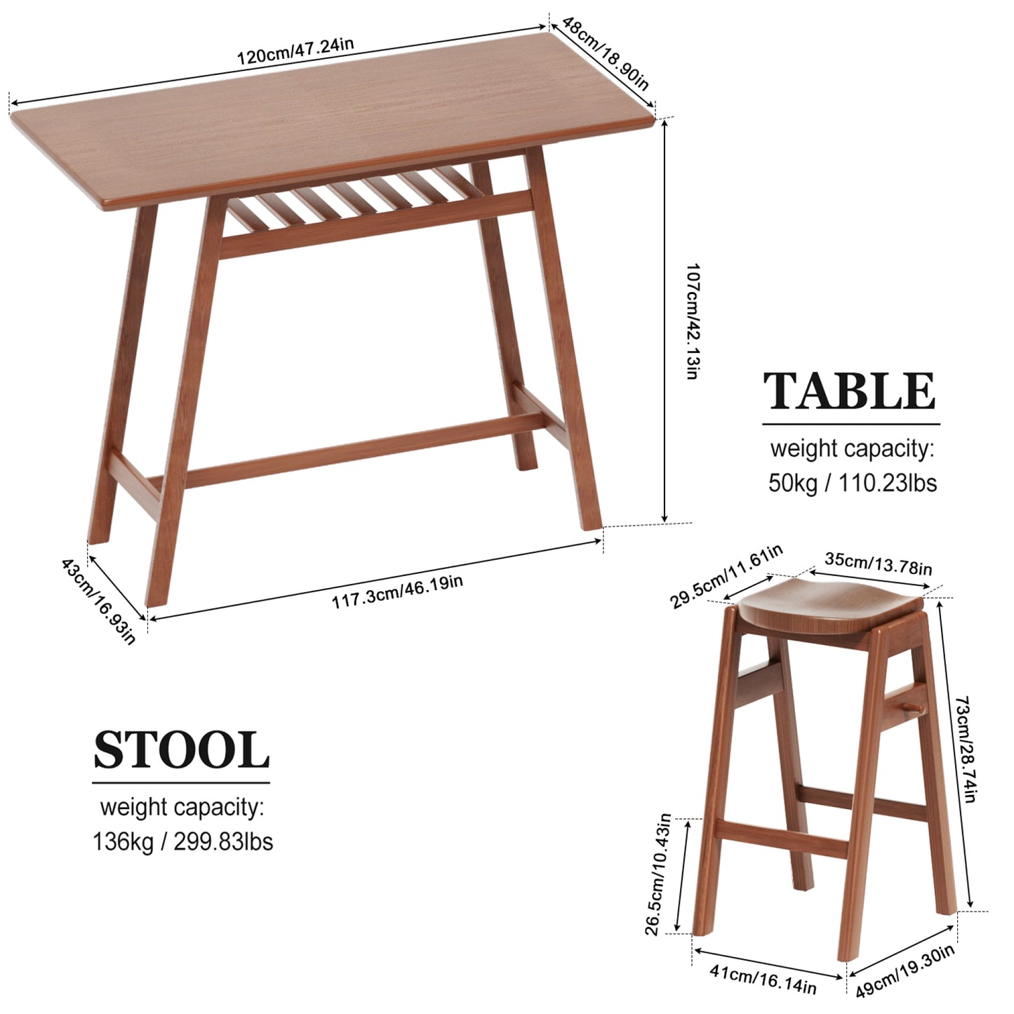 3 PCS Retro Pub Dining Set - Bar Table with Rubber Wood & Stackable Backless High Stools for 2, Shelf & Hooks