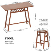 3 PCS Retro Pub Dining Set - Bar Table with Rubber Wood & Stackable Backless High Stools for 2, Shelf & Hooks