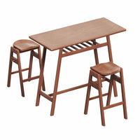 3 PCS Retro Pub Dining Set - Bar Table with Rubber Wood & Stackable Backless High Stools for 2, Shelf & Hooks