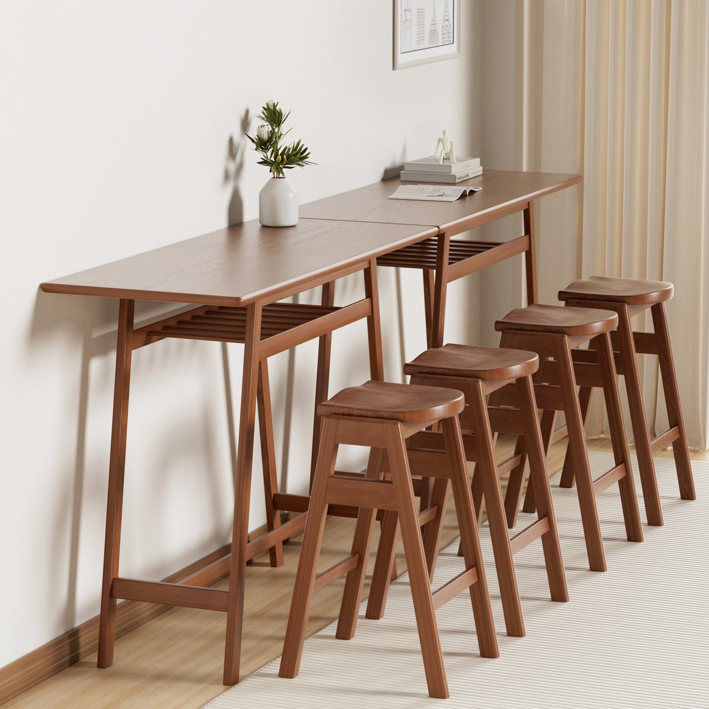 3 PCS Retro Pub Dining Set - Bar Table with Rubber Wood & Stackable Backless High Stools for 2, Shelf & Hooks