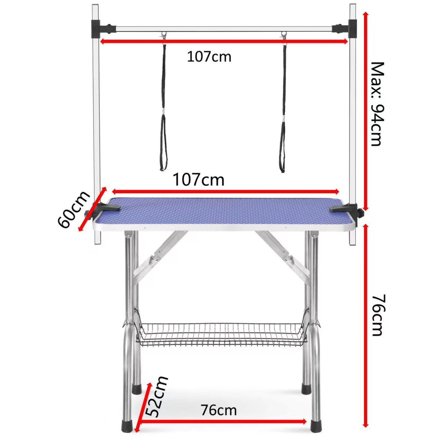 High-Quality Folding Pet Grooming Table with Stainless Steel Legs and Arms, Blue Rubber Top, Storage Basket – Ideal for Dogs and Cats