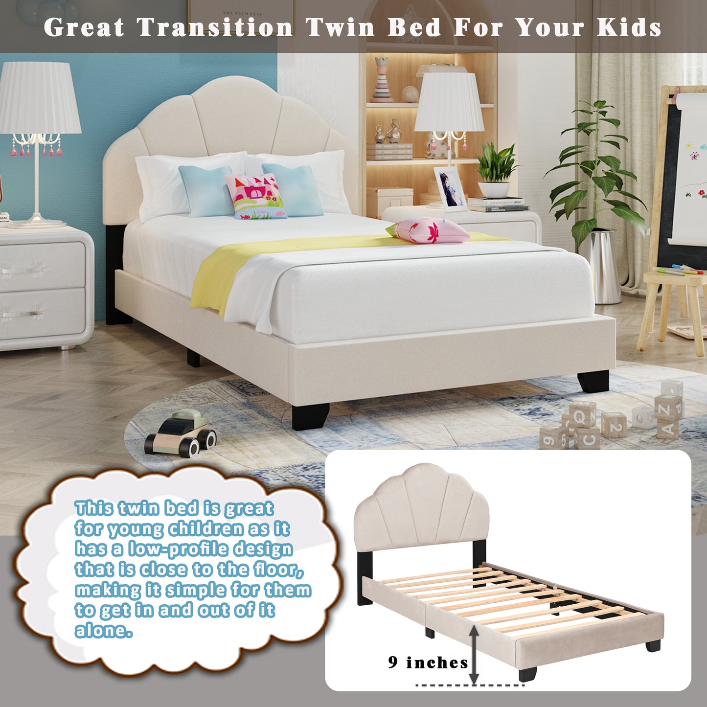 Twin Size Platform Bed For Kids, With Slatted Bed Base, No Box Spring Needed, Shell Design