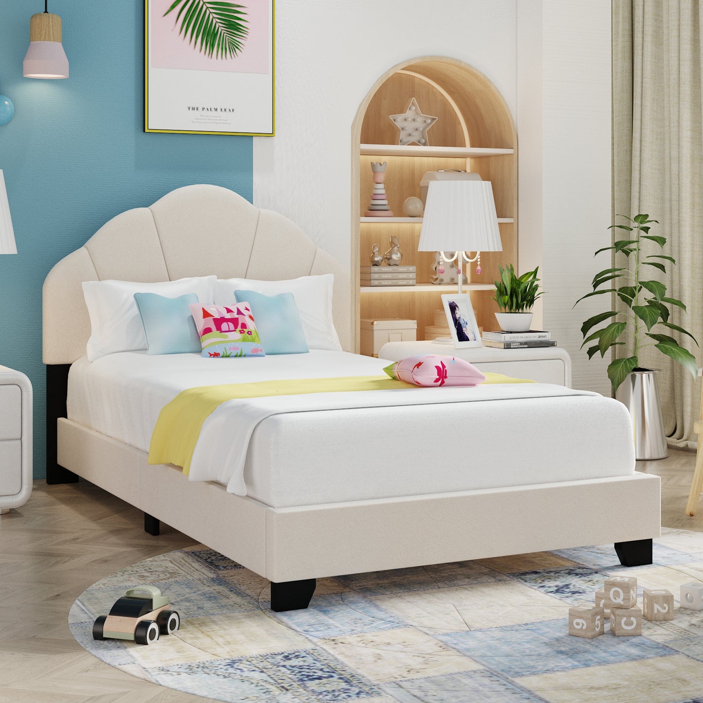 Twin Size Platform Bed For Kids, With Slatted Bed Base, No Box Spring Needed, Shell Design