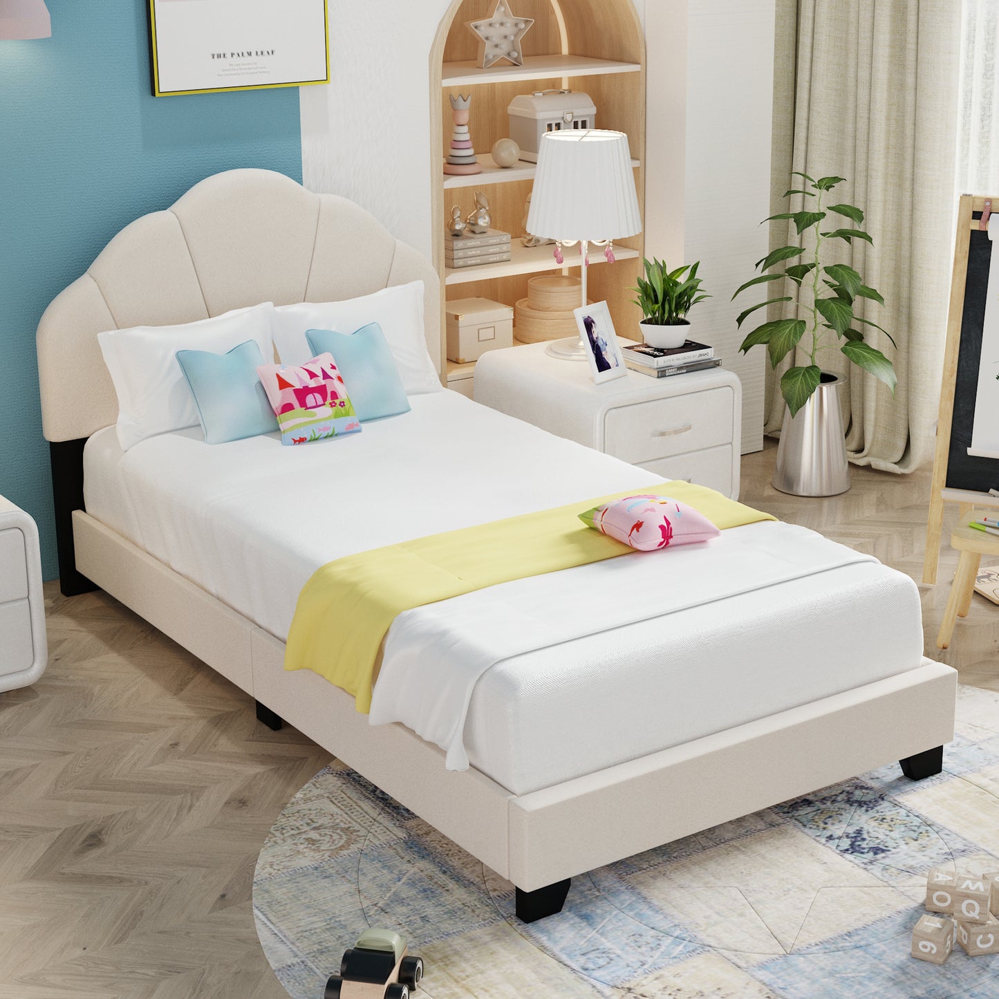 Twin Size Platform Bed For Kids, With Slatted Bed Base, No Box Spring Needed, Shell Design