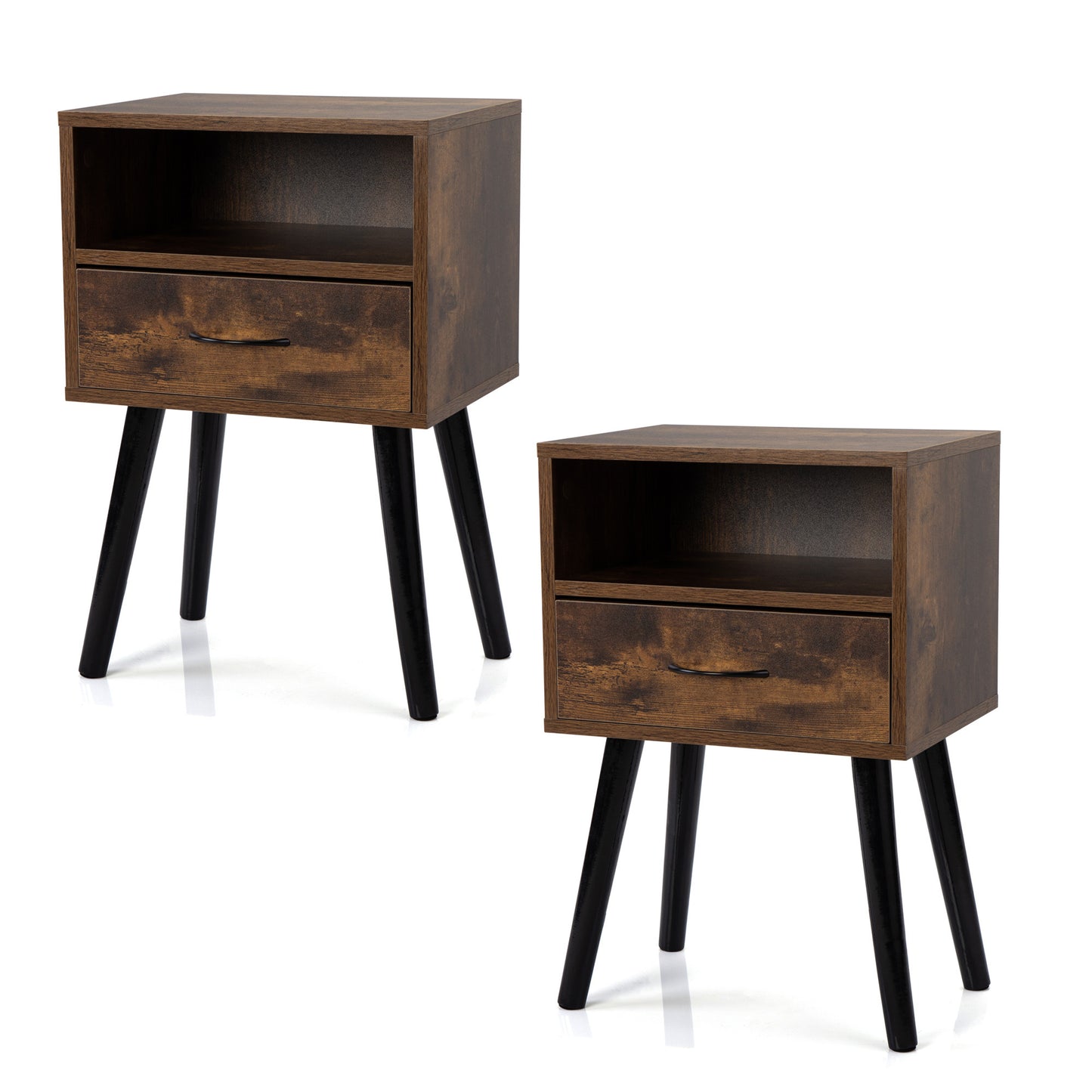 Mid Century Nightstand Set of 2 Rustic Brown Side Tables with Drawer and Shelf for Living Room Bedroom