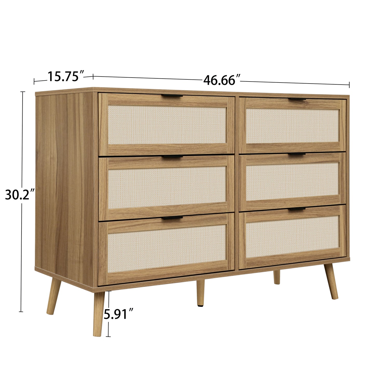 Modern 6 Drawer Wood Dresser Cabinet in Walnut Finish for Bedroom Storage