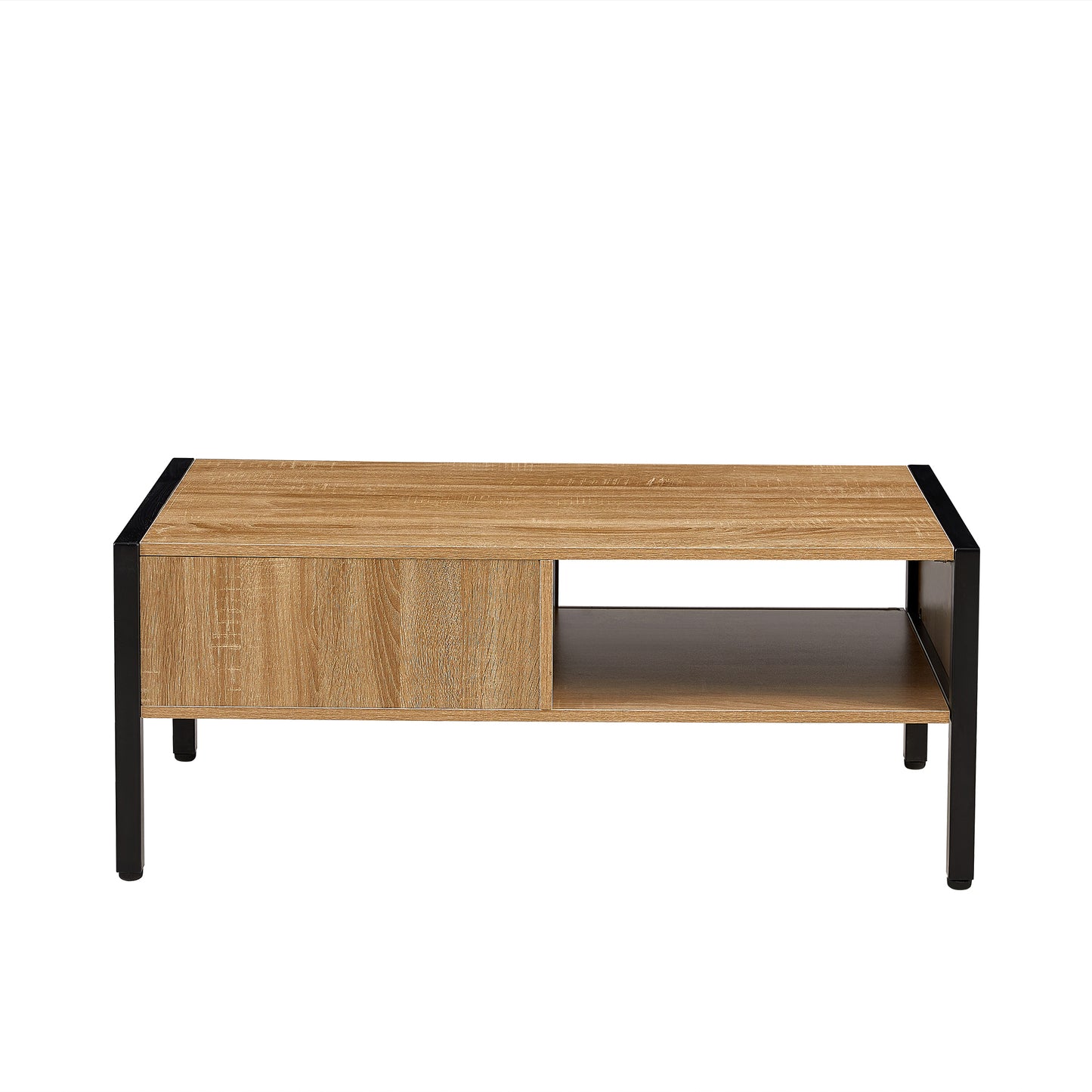 40.16 Inch Rattan Coffee Table with Sliding Door Storage and Metal Legs Modern Living Room Furniture Natural Design