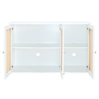 Retro 3-Door Accent Cabinet with Rattan Doors and Metal Handles for Living Room and Hallway Storage White