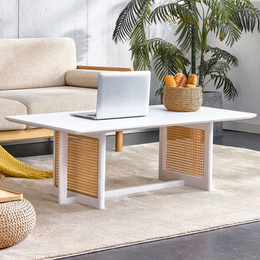 Chinese Style White Solid Wood Imitation Rattan Rectangular Coffee Table Small Living Room Low Table