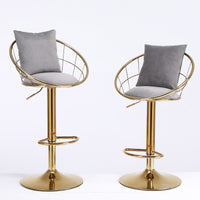 Grey Velvet Bar Chairs Set of 2 Gold Plated Unique Design 360 Degree Rotation Adjustable Height Dining Room and Bar