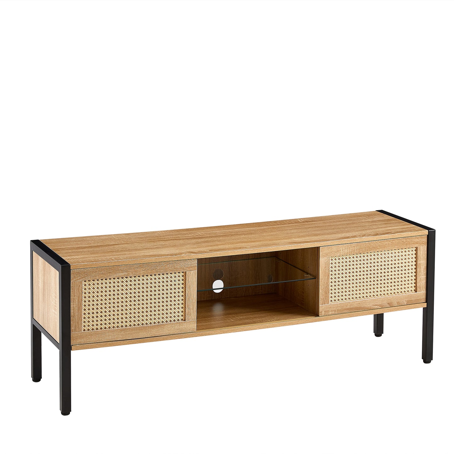 Rattan TV Cabinet with Adjustable Shelf Double Sliding Doors and Color Light Strip Metal Legs for Living Room Storage