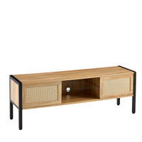 Rattan TV Cabinet with Adjustable Shelf Double Sliding Doors and Color Light Strip Metal Legs for Living Room Storage